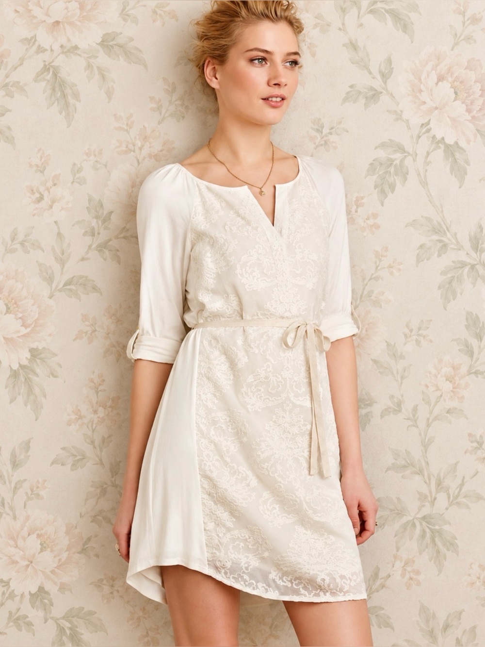 Tiny Anthropologie Paperwhites Ivory Cream Embroidered Belted Dress NWT Medium